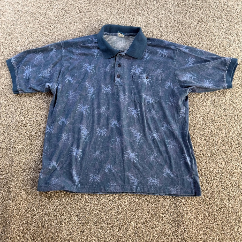 Vintage Haband's Gold Coast Polo Shirt Mens Medium Blue Palm Tree Print Pocket